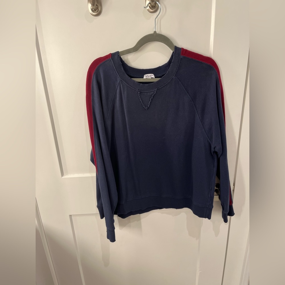Splendid. Blue Crew Neck with Red Shoulder Stripe. Distressed Look. Size M.